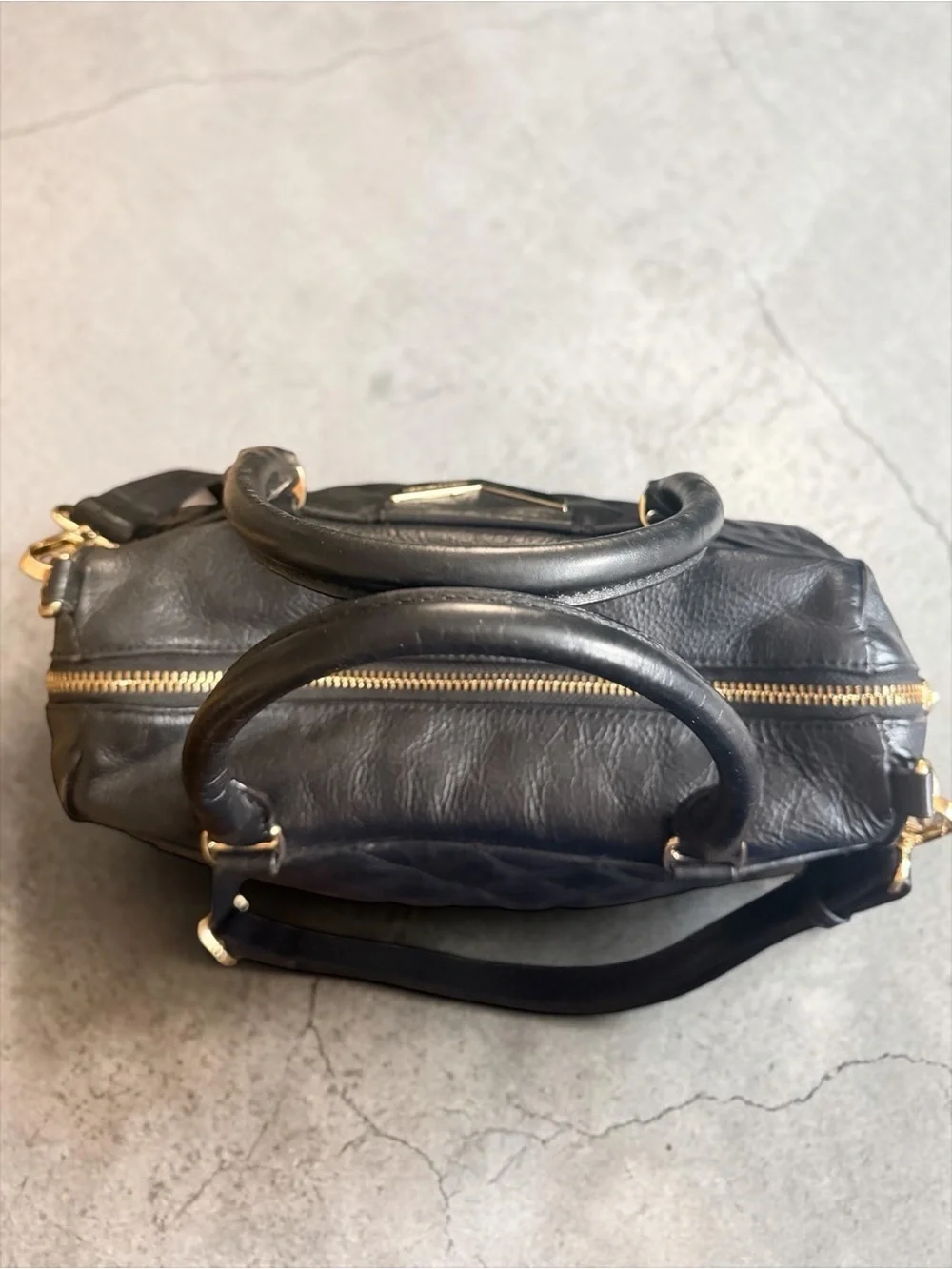Rebecca Minkoff Quilted Leather Satchel Crossbody Black Gold Hardware Handle Bag
